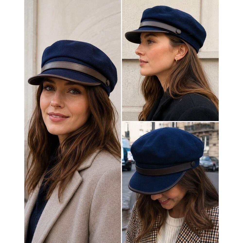 Sterkowski Wool Newsboy Cap Navy Blue Baker Boy Hat Leather Trim Poland 20.5”